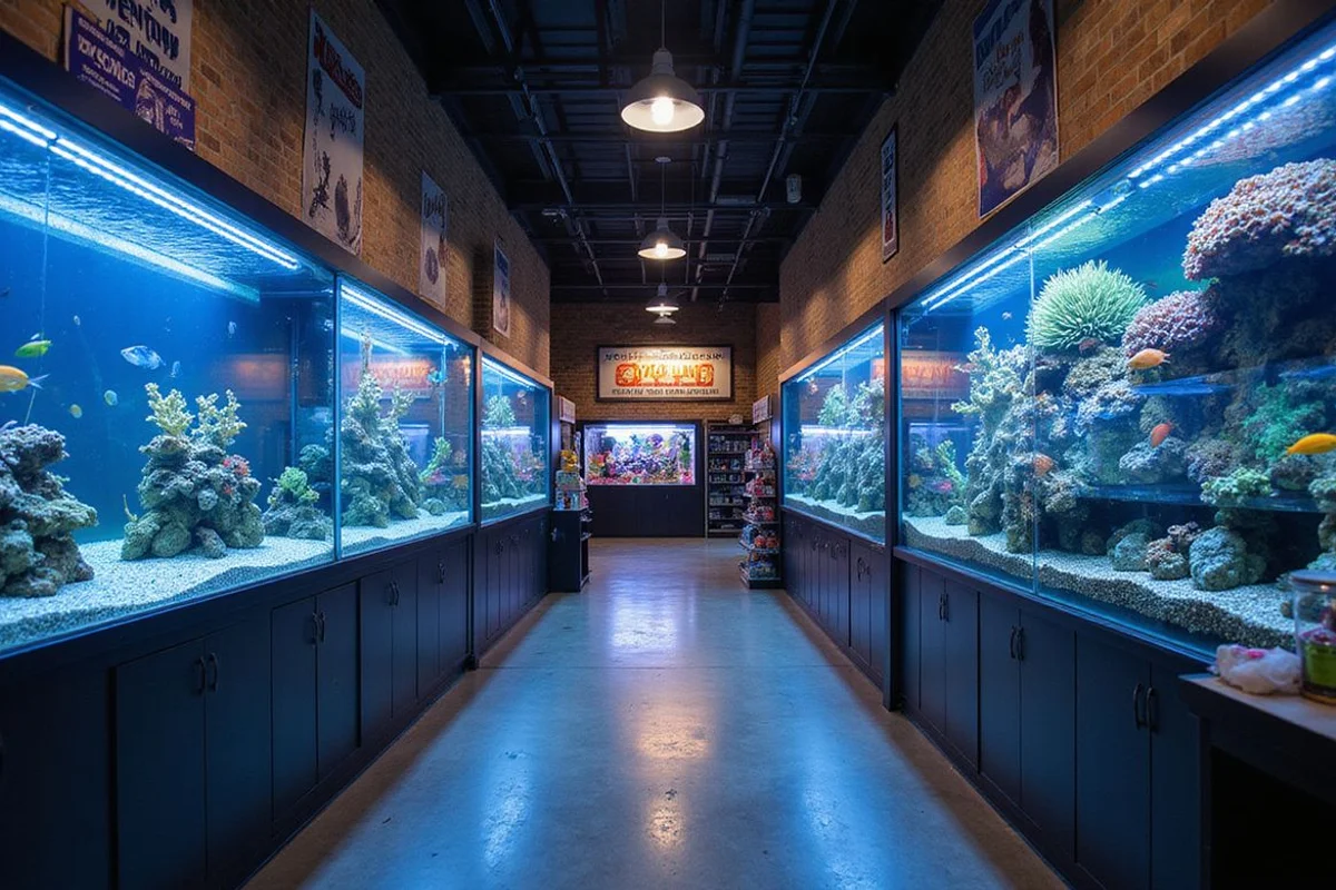 Specialty aquarium store sales floor with rows of display tanks