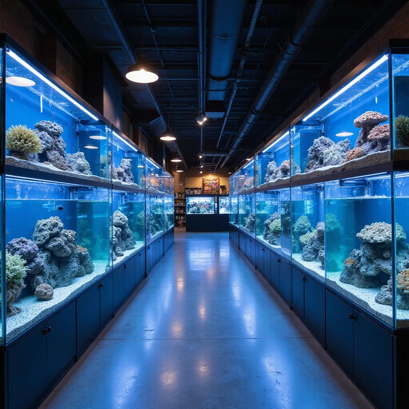 Inside Gulf Coast Aquatics' main sales floor with rows of lit display tanks