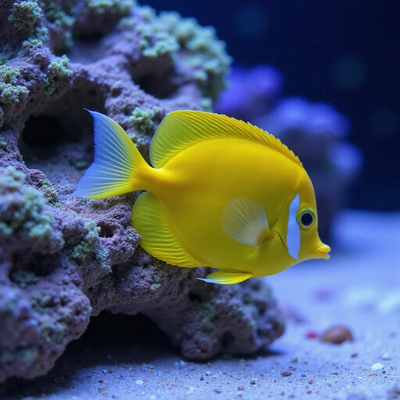 Yellow tang grazing on live rock in a reef display