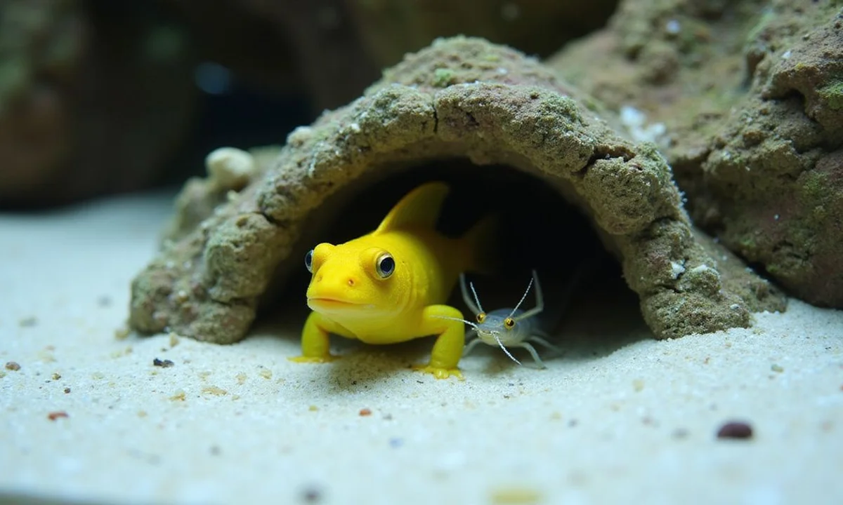Yellow watchman goby paired with pistol shrimp on sand